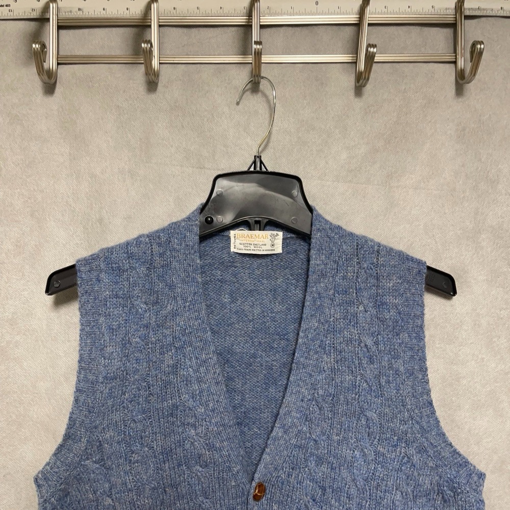 VTG Braemar Vest Men M Blue Sleeveless Sweater Scottish Wool Cable Knit‎ V-Neck